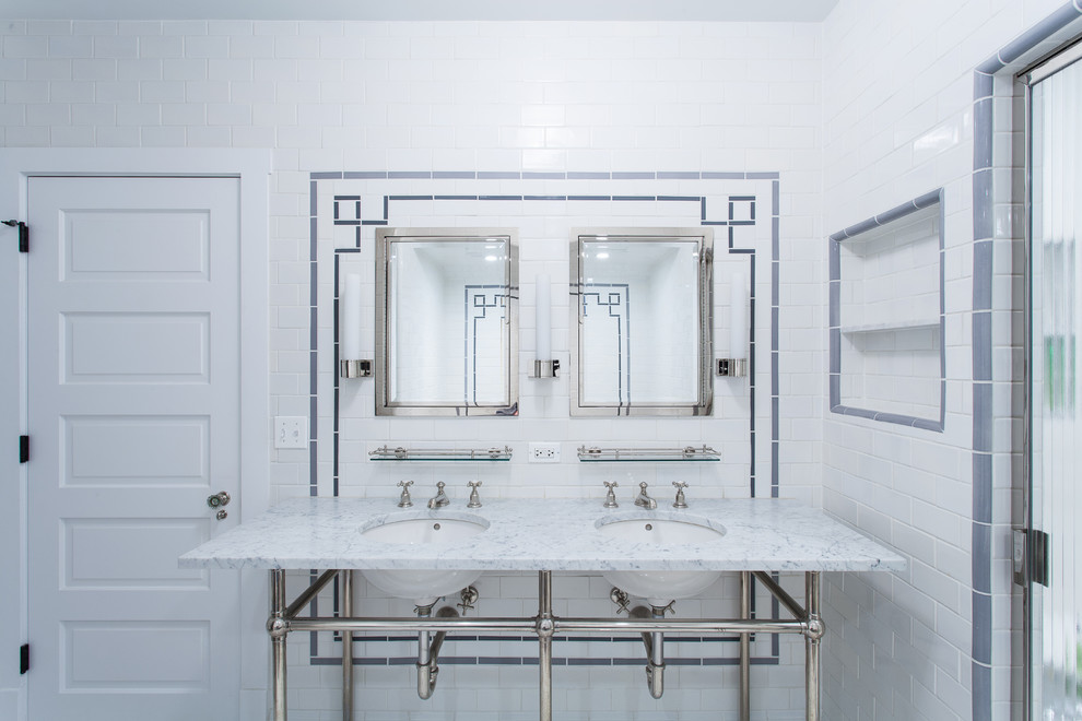 Bathroom - large traditional master white tile and porcelain tile mosaic tile floor and white floor bathroom idea in Chicago with white walls, a console sink, quartzite countertops and a hinged shower door