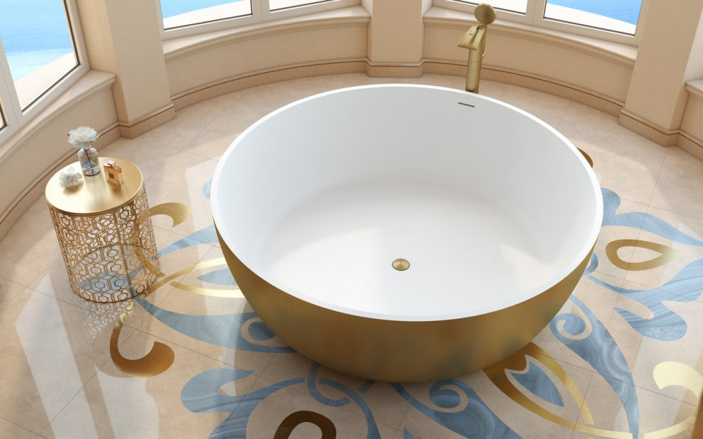 Inspiration för stora asiatiska en-suite badrum, med ett fristående badkar och mosaikgolv