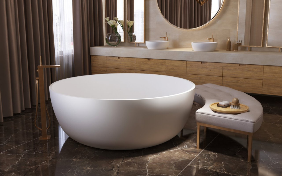 Foto di una grande stanza da bagno padronale contemporanea con consolle stile comò, vasca freestanding, pareti beige, lavabo a bacinella, pavimento marrone e top beige