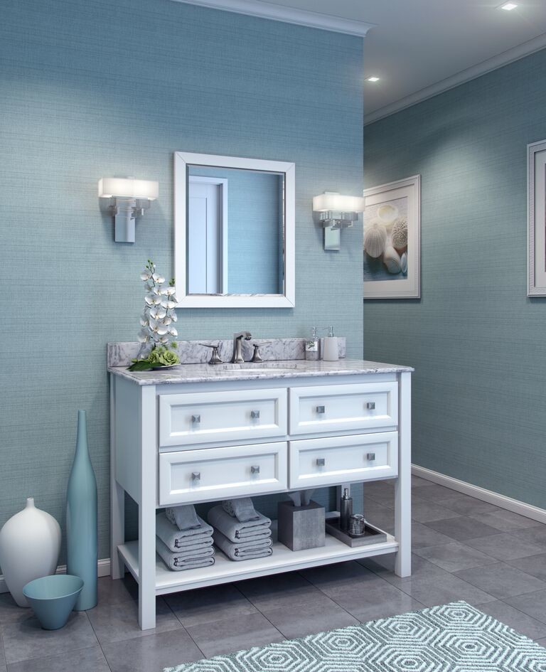 Идея дизайна: огромная главная ванная комната в современном стиле с фасадами с выступающей филенкой, белыми фасадами, серой плиткой, синими стенами и мраморной столешницей