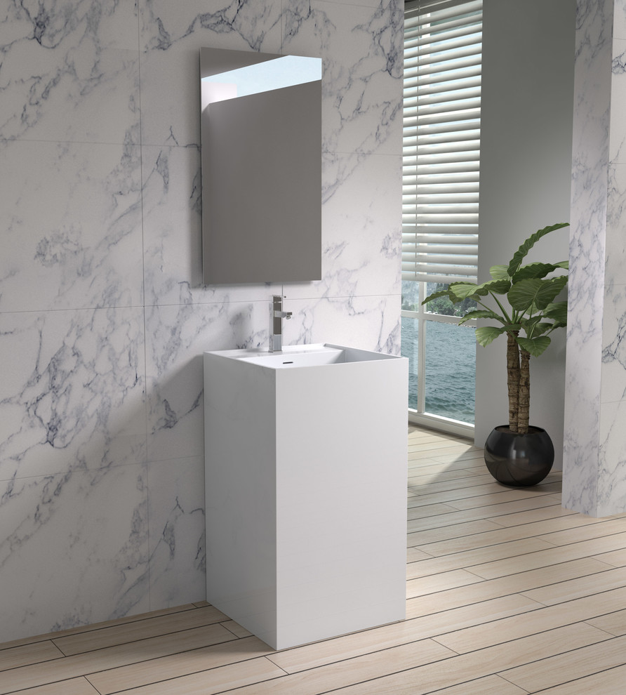 Esempio di una stanza da bagno padronale minimalista di medie dimensioni con pareti grigie, top in superficie solida, pavimento beige e top bianco