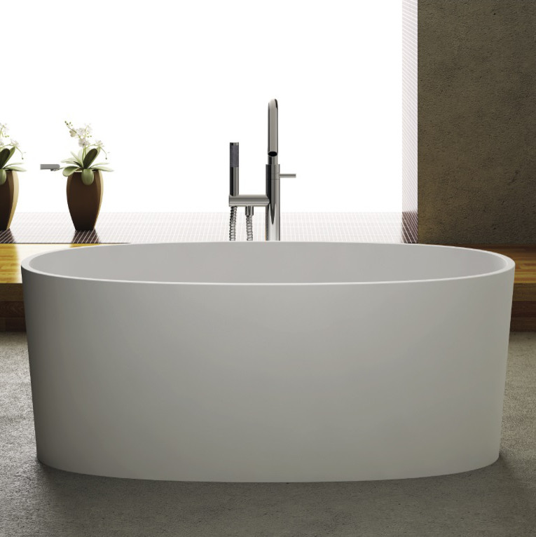 Example of a large master beige floor freestanding bathtub design in Los Angeles with brown walls