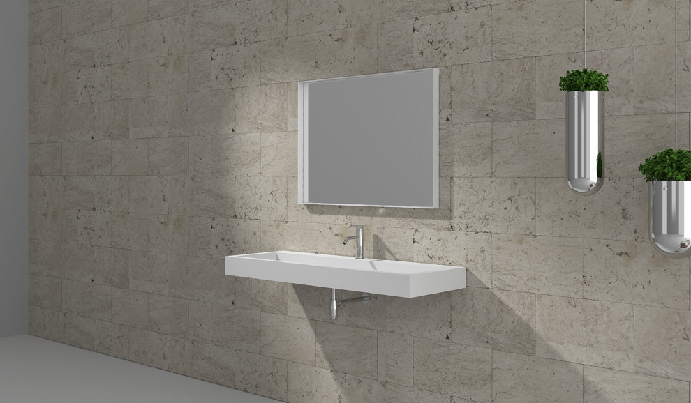 Ejemplo de cuarto de baño principal y rectangular actual de tamaño medio con paredes beige, lavabo suspendido, encimera de acrílico, suelo gris y encimeras blancas