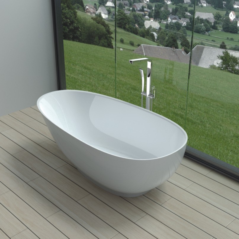 Idee per una grande stanza da bagno padronale minimal con vasca freestanding e pavimento beige
