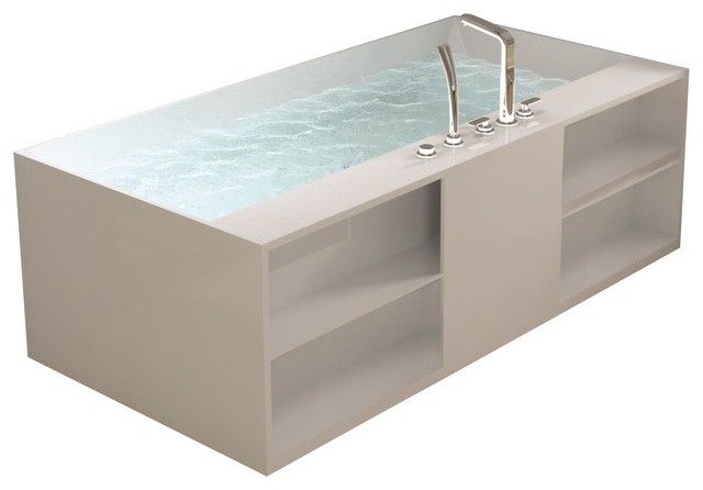 Inspiration for a mid-sized modern master freestanding bathtub remodel in Los Angeles with open cabinets
