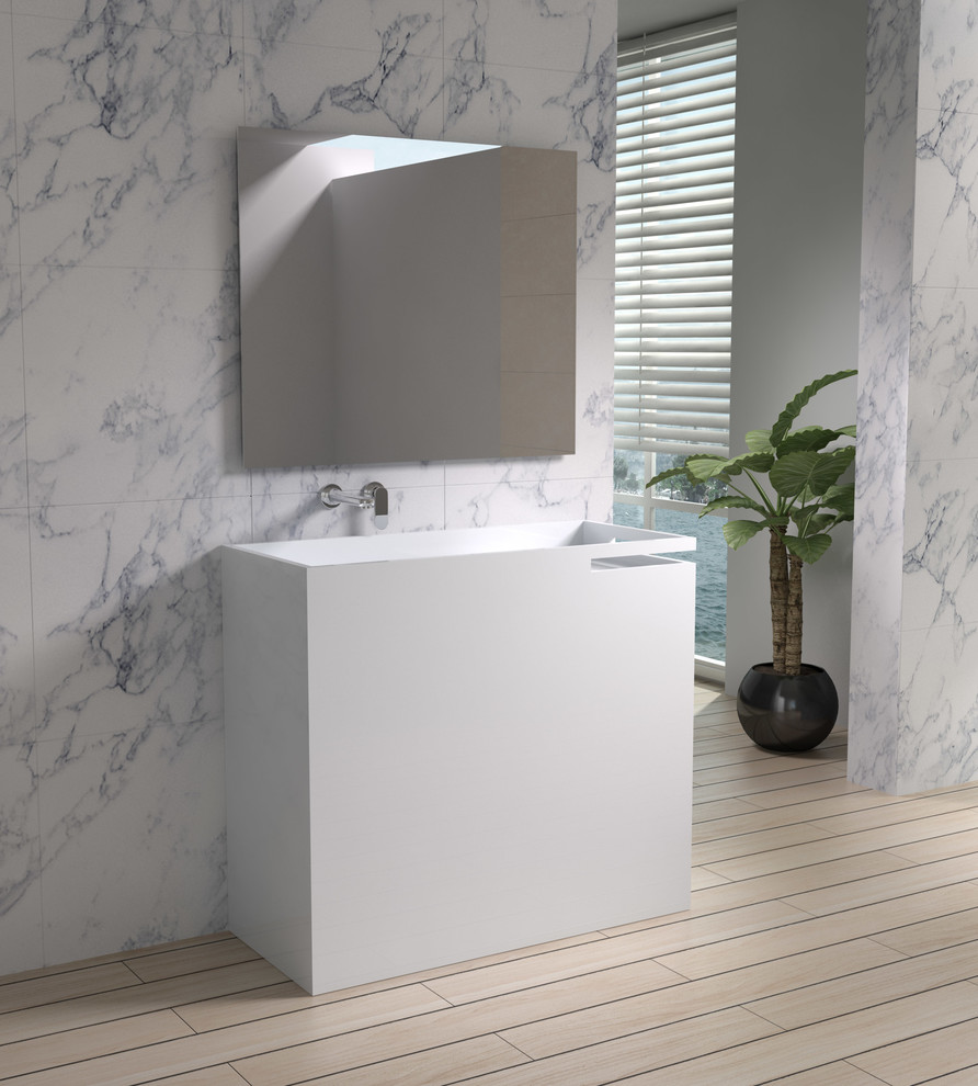 Esempio di una stanza da bagno padronale design di medie dimensioni con pareti grigie, lavabo a colonna, top in superficie solida, pavimento beige e top bianco