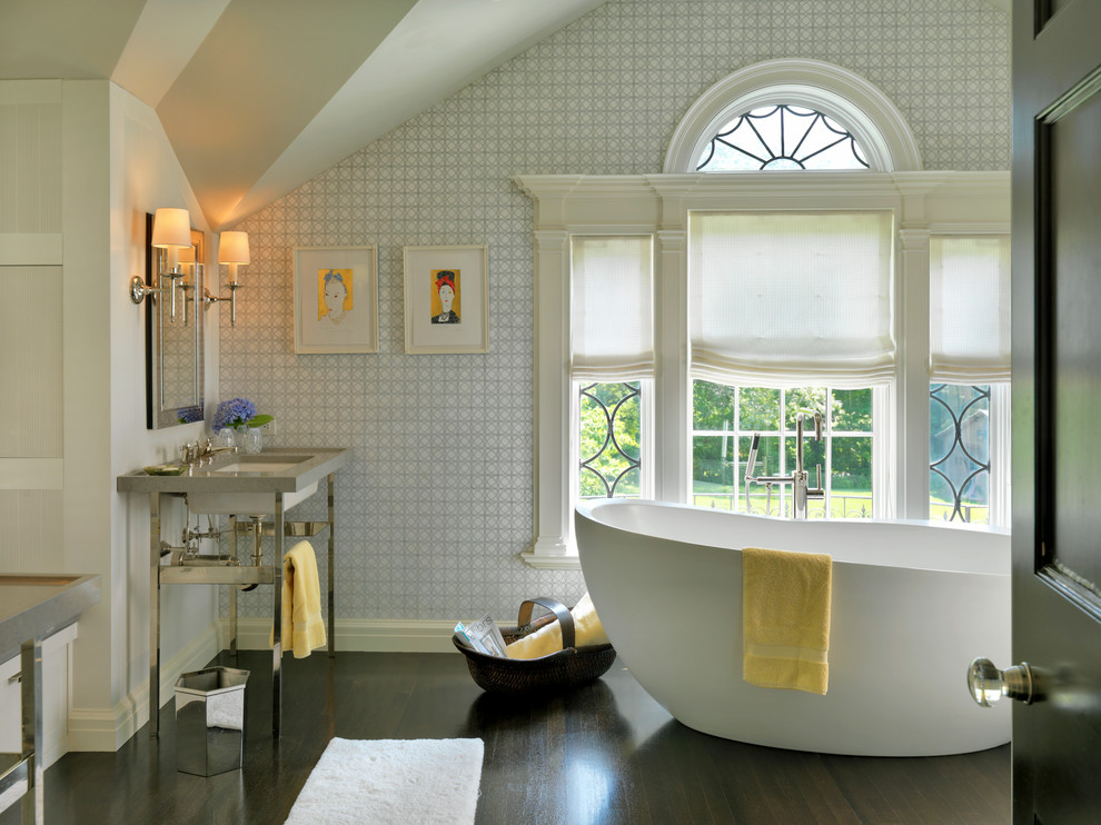 Design ideas for a traditional bathroom in Boston with a submerged sink and a freestanding bath.