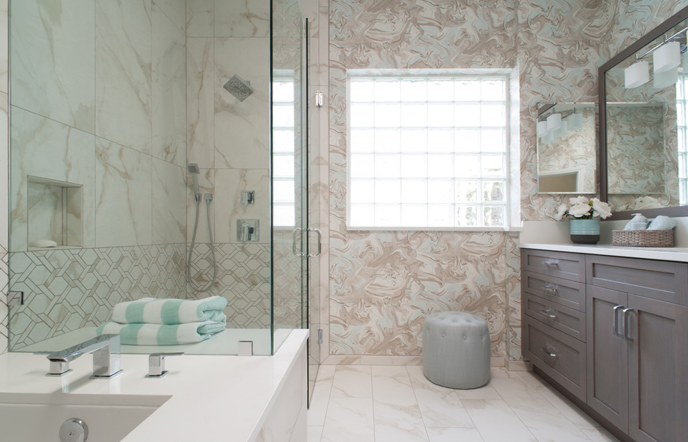 Inspiration for a mid-sized transitional master white tile and porcelain tile porcelain tile and white floor corner shower remodel in Miami with shaker cabinets, medium tone wood cabinets, an undermount tub, a one-piece toilet, white walls, an undermount sink, quartz countertops and a hinged shower door