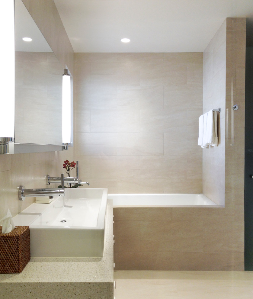 Large minimalist master beige tile and porcelain tile porcelain tile bathroom photo in Los Angeles with a vessel sink, flat-panel cabinets, medium tone wood cabinets and quartz countertops