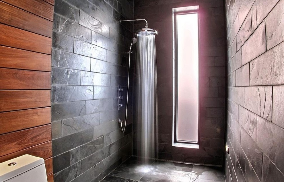 Ejemplo de cuarto de baño actual de tamaño medio con ducha abierta, sanitario de una pieza, baldosas y/o azulejos grises, paredes grises y suelo de pizarra
