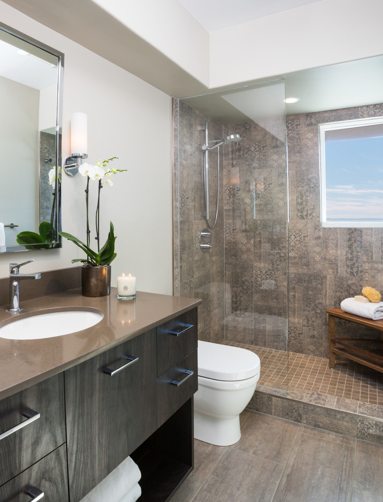 Inspiration for a medium sized modern bathroom in Santa Barbara with a walk-in shower and white walls.