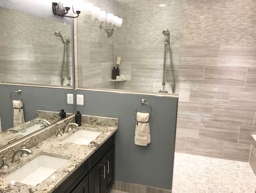 Bathroom featuring Alaska White granite