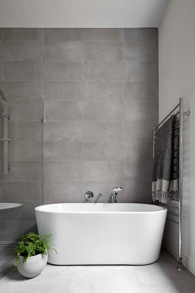 Inspiration for a medium sized contemporary ensuite bathroom in Melbourne with grey tiles and a hinged door.