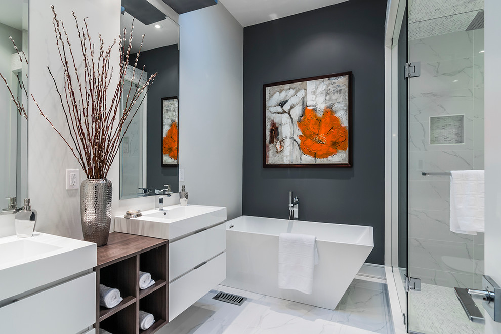 Example of a trendy master white tile bathroom design in Toronto with a vessel sink, flat-panel cabinets, white cabinets and gray walls