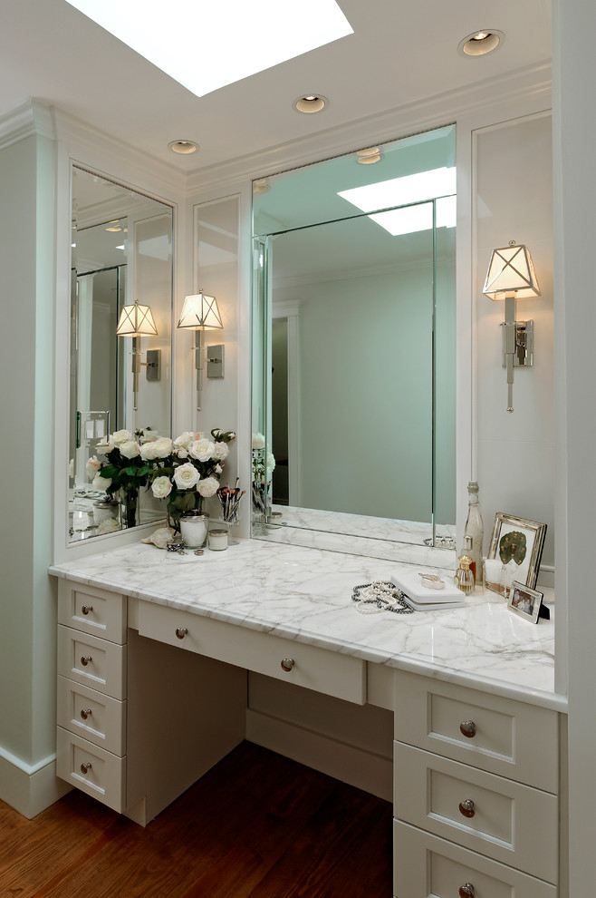 Alcove shower - mid-sized traditional master white tile and mosaic tile medium tone wood floor alcove shower idea in DC Metro with beaded inset cabinets, white cabinets, white walls, marble countertops, a one-piece toilet, an undermount sink and an undermount tub