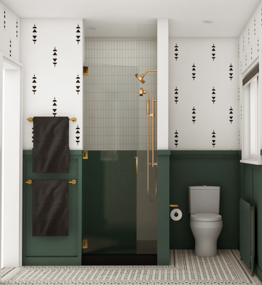 Cette image montre une salle de bain principale minimaliste en bois brun avec un placard à porte plane, une douche d'angle, WC à poser, un carrelage vert, des carreaux de porcelaine, un sol en contreplaqué, un lavabo encastré, un plan de toilette en quartz modifié, une cabine de douche à porte battante, un plan de toilette blanc, meuble double vasque, meuble-lavabo encastré et du papier peint.