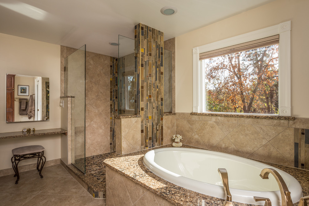 Large transitional master beige tile and mosaic tile ceramic tile bathroom photo in DC Metro with raised-panel cabinets, dark wood cabinets, a two-piece toilet, beige walls, an undermount sink and quartz countertops