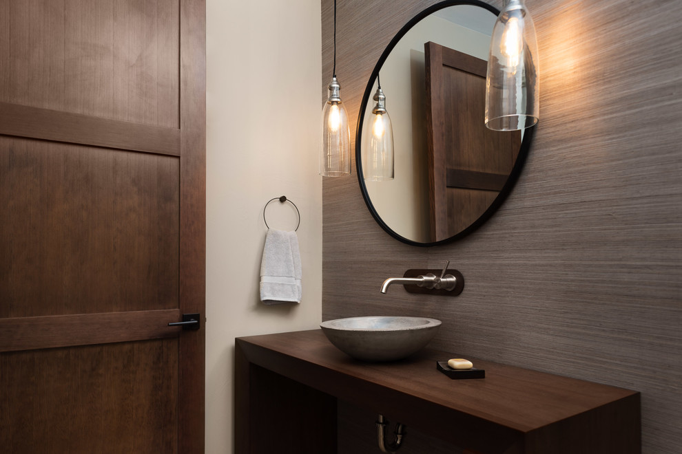 Example of a trendy bathroom design in Other with wood countertops