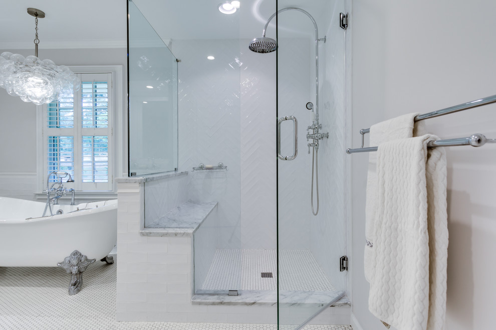 Inspiration for a large rural ensuite bathroom in Atlanta with shaker cabinets, white cabinets, a claw-foot bath, a corner shower, a two-piece toilet, white tiles, ceramic tiles, grey walls, ceramic flooring, a submerged sink, marble worktops, white floors and a hinged door.