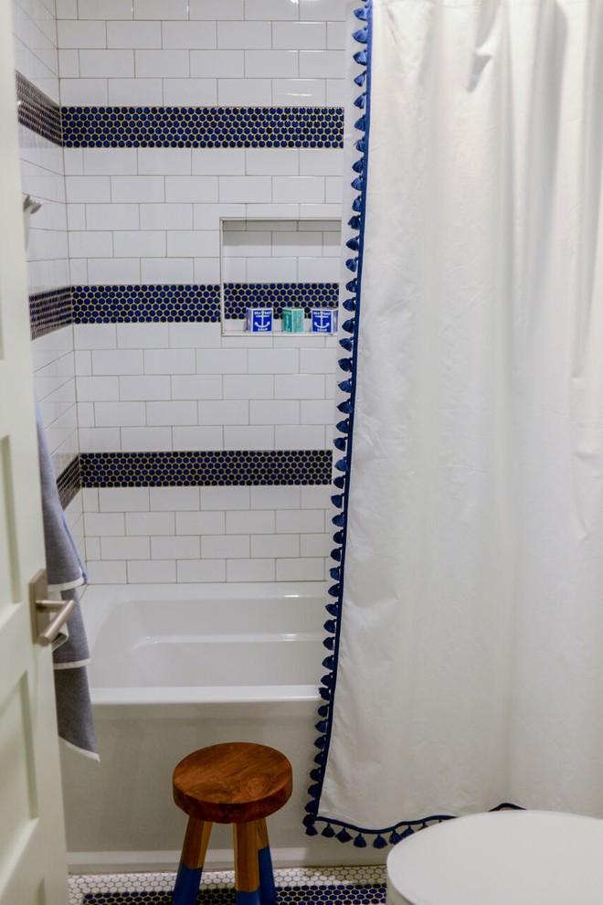 Bathroom - mid-sized scandinavian kids' white tile and subway tile mosaic tile floor bathroom idea in San Diego with flat-panel cabinets, dark wood cabinets, a one-piece toilet, white walls, an undermount sink and quartz countertops