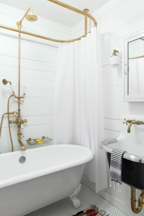 Beachside Glamour: Black Sink and Gold Details with Beach Style Bathroom Curtain Ideas