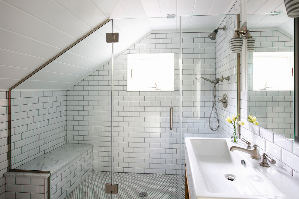 Double shower - mid-sized eclectic kids' white tile and ceramic tile ceramic tile double shower idea in New York with a console sink, furniture-like cabinets, medium tone wood cabinets, a one-piece toilet and white walls