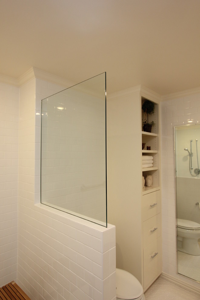 Example of a mid-sized transitional 3/4 white tile and subway tile ceramic tile and white floor bathroom design in Other with flat-panel cabinets, white cabinets, white walls, a vessel sink and granite countertops
