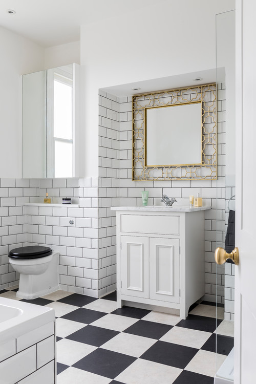 Timeless Charm with Traditional White Vanity and Checkered Floor Tiles