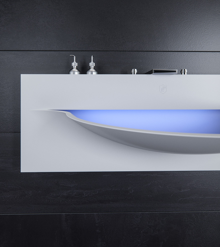 Idee per una grande stanza da bagno padronale minimal con lavabo sospeso e top in superficie solida