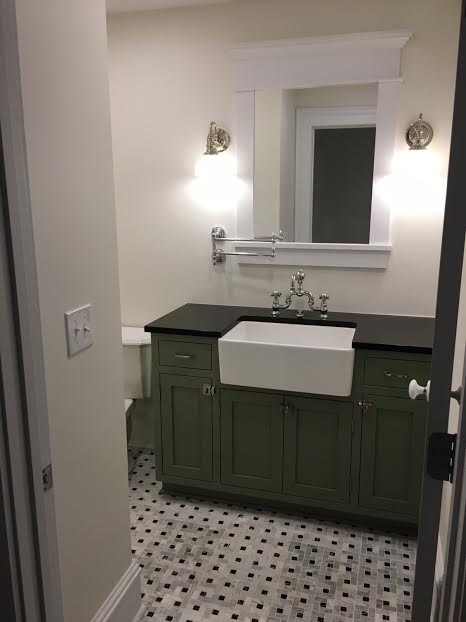 Inspiration for a family bathroom in Indianapolis with shaker cabinets, green cabinets and granite worktops.