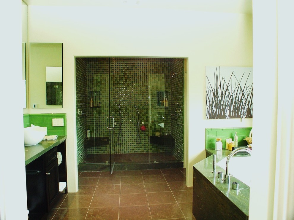 Design ideas for a large contemporary ensuite bathroom in Los Angeles with raised-panel cabinets, black cabinets, green tiles, a built-in bath and an alcove shower.
