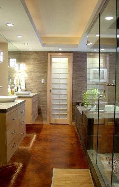 Idées déco pour une salle de bain asiatique avec sol en béton ciré.