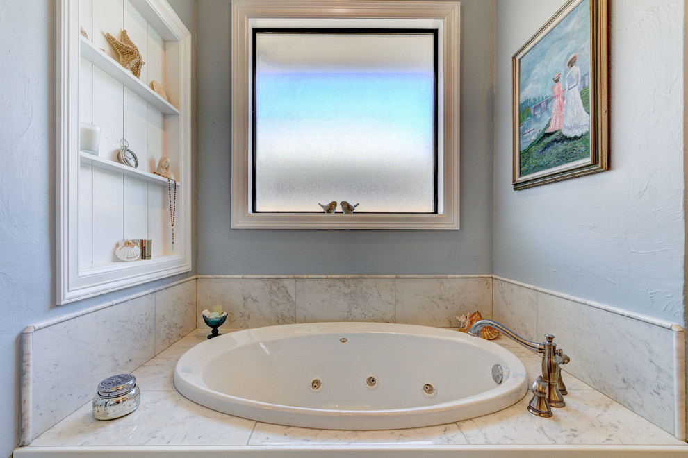 Example of a large classic master gray tile, white tile and stone tile marble floor bathroom design in Oklahoma City with furniture-like cabinets, gray cabinets, a two-piece toilet, gray walls, an undermount sink and quartz countertops