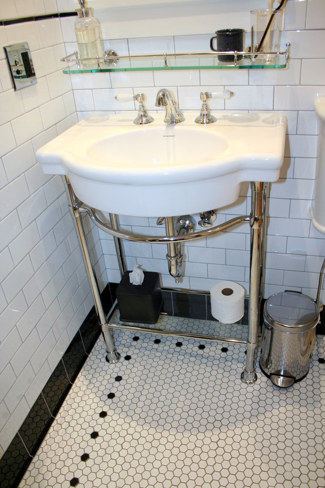 Photo of a small traditional ensuite bathroom in San Francisco with a pedestal sink, a claw-foot bath, a shower/bath combination, a two-piece toilet, white tiles, ceramic tiles, white walls and mosaic tile flooring.