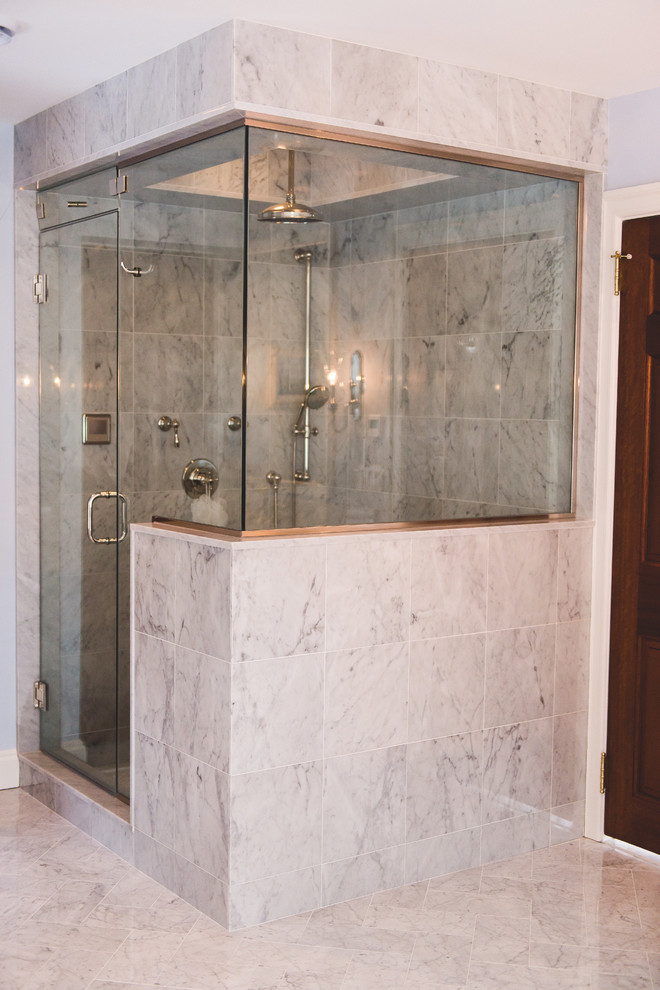 Inspiration for a large transitional master marble floor and gray floor bathroom remodel in New York with furniture-like cabinets, white cabinets, blue walls, an undermount sink, quartz countertops and a hinged shower door
