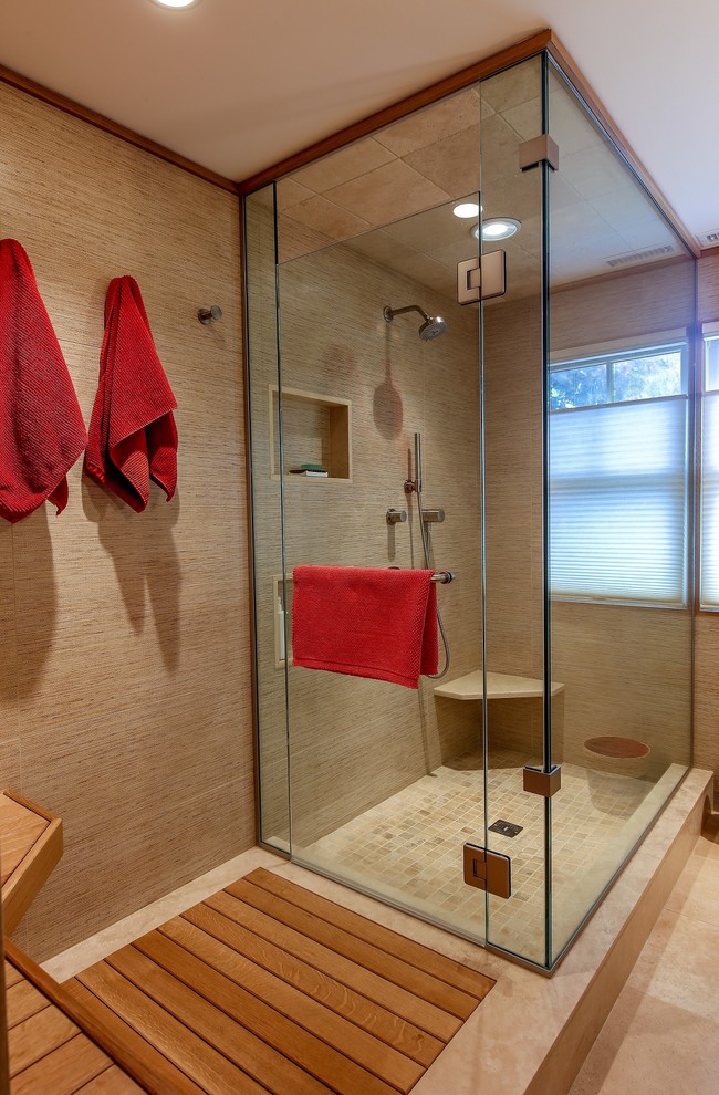 This is an example of a small scandi ensuite bathroom in Boston with a submerged sink, light wood cabinets, a built-in shower, beige tiles, mosaic tiles, beige walls and ceramic flooring.