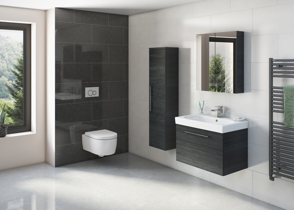 This is an example of a medium sized contemporary bathroom in Cheshire with dark wood cabinets, a wall mounted toilet, black tiles, stone slabs and porcelain flooring.