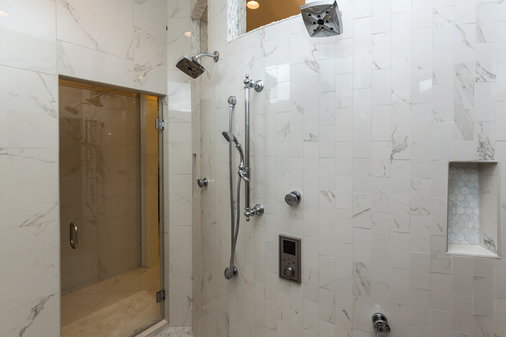 Corner shower - transitional white tile and stone tile corner shower idea in Other