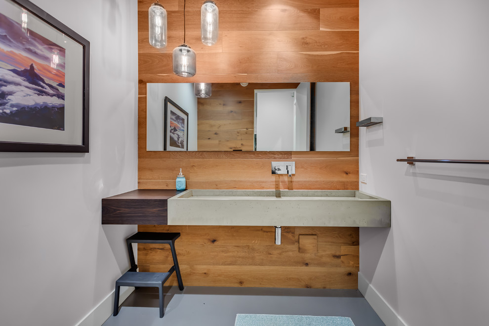 Ejemplo de cuarto de baño actual con lavabo de seno grande y encimera de cemento