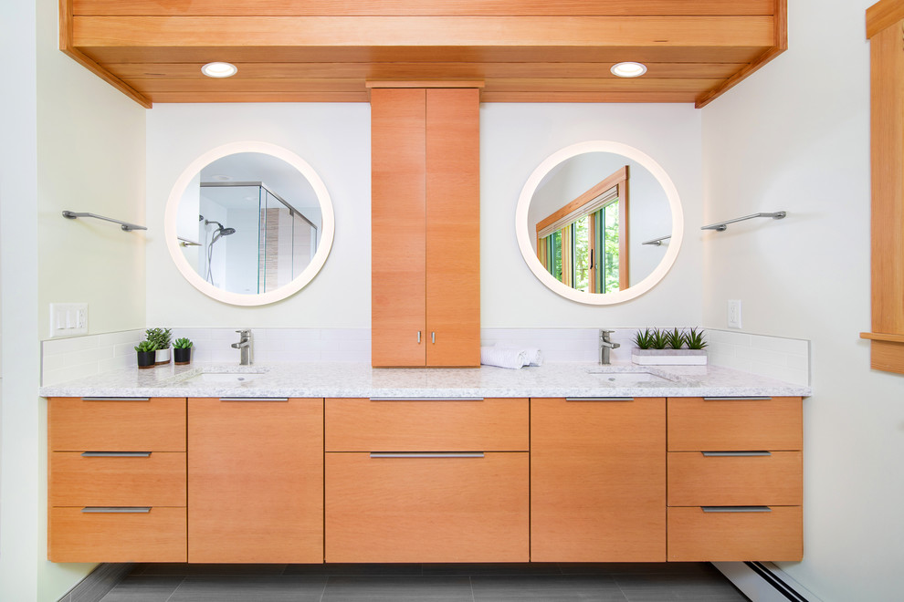Bathroom - mid-sized modern master bathroom idea in Detroit with flat-panel cabinets, brown cabinets, wood countertops and white countertops