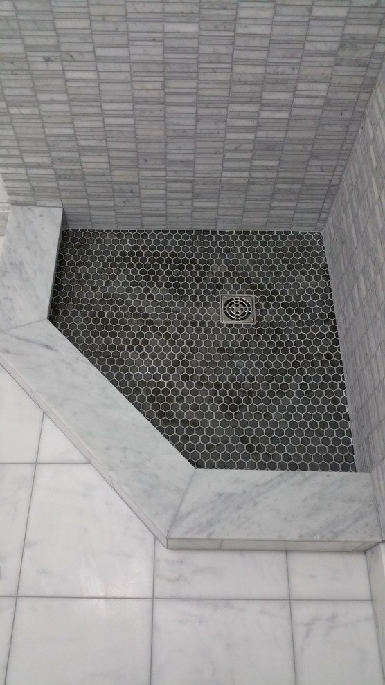 Inspiration for a small transitional 3/4 black tile, gray tile and mosaic tile mosaic tile floor corner shower remodel in Baltimore with gray walls