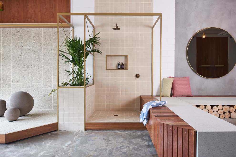 Design ideas for an urban bathroom in Melbourne with concrete flooring.