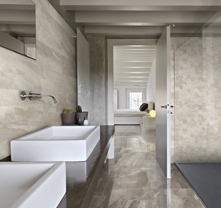 Example of a transitional porcelain tile porcelain tile bathroom design in Toronto