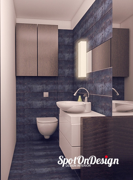 Idee per una stanza da bagno con doccia moderna di medie dimensioni con lavabo a bacinella, ante lisce, ante bianche, top in laminato, WC sospeso, piastrelle blu, piastrelle in ceramica, pareti blu e pavimento con piastrelle in ceramica