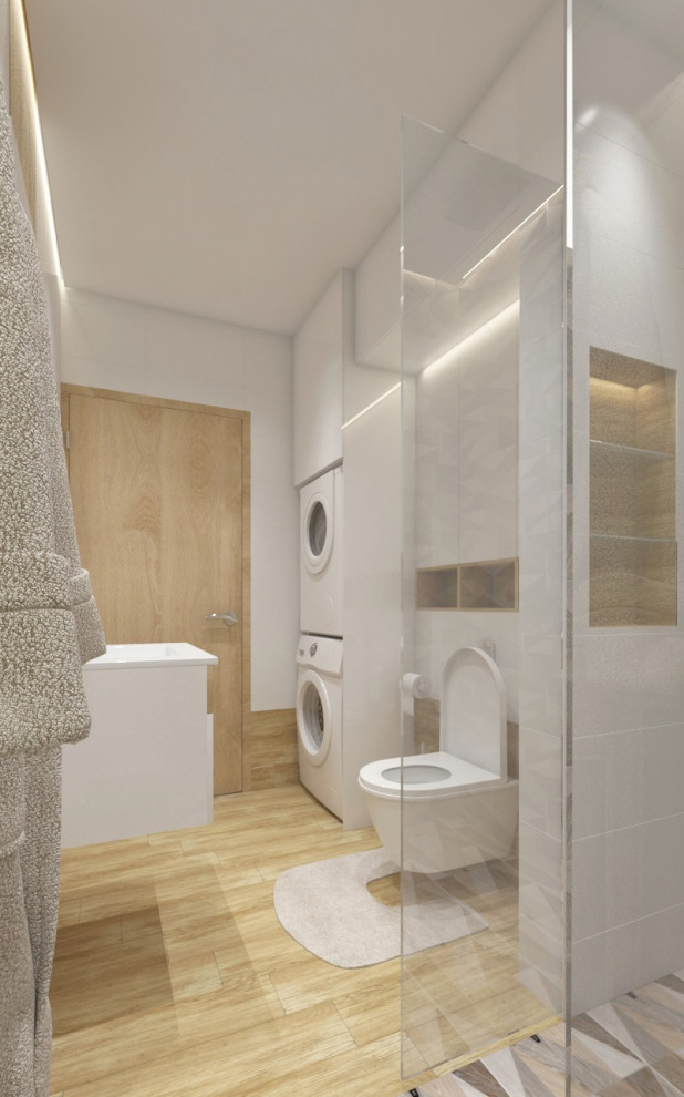 Exemple d'une petite salle d'eau chic avec WC suspendus, un carrelage blanc, des carreaux en terre cuite et tomettes au sol.