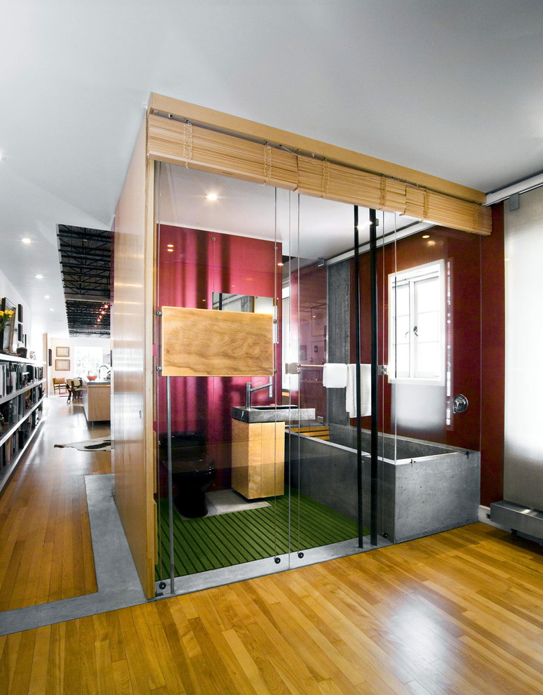 Bathroom - contemporary red tile bathroom idea in Ottawa with flat-panel cabinets and medium tone wood cabinets