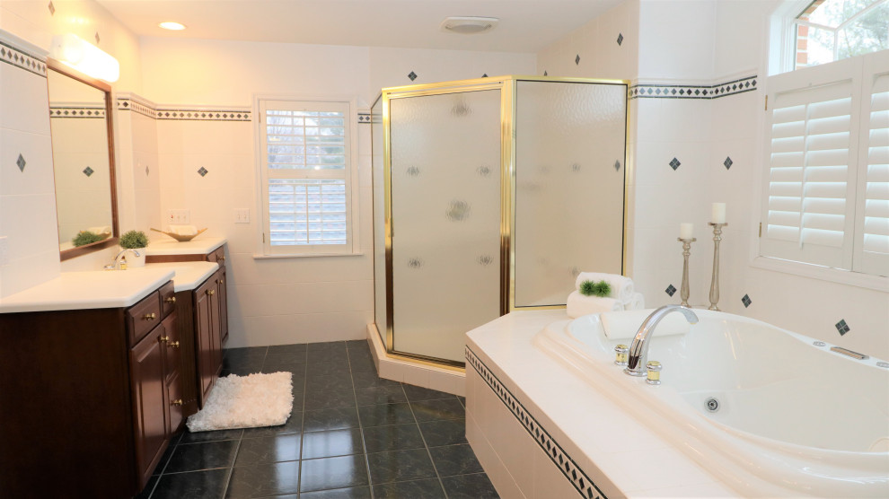 Large master white tile and ceramic tile ceramic tile, green floor and double-sink bathroom photo in Philadelphia with dark wood cabinets, a hot tub, a one-piece toilet, white walls, an integrated sink, quartz countertops, a hinged shower door, white countertops and a built-in vanity