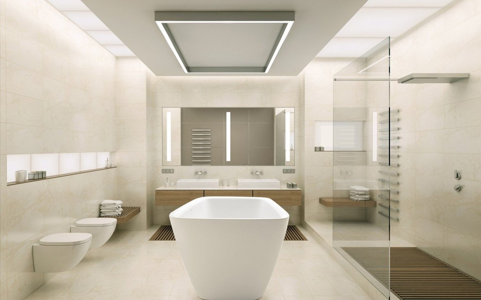 Esempio di una stanza da bagno padronale minimalista di medie dimensioni con vasca freestanding