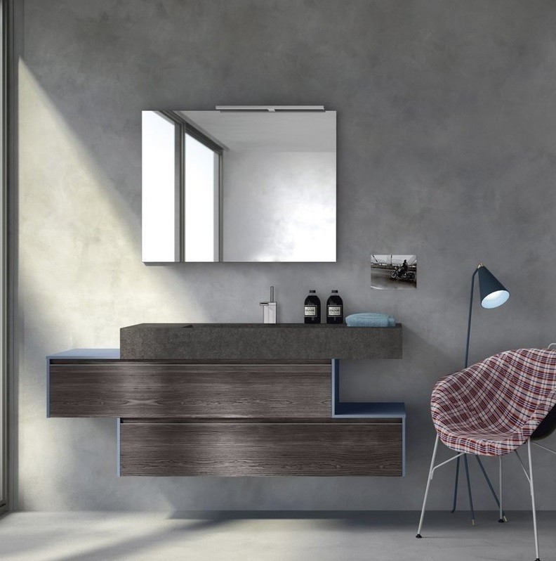 Пример оригинального дизайна: главная ванная комната среднего размера в стиле модернизм с фасадами островного типа и коричневыми фасадами