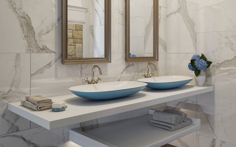 Immagine di una stanza da bagno padronale design di medie dimensioni con lavabo a bacinella